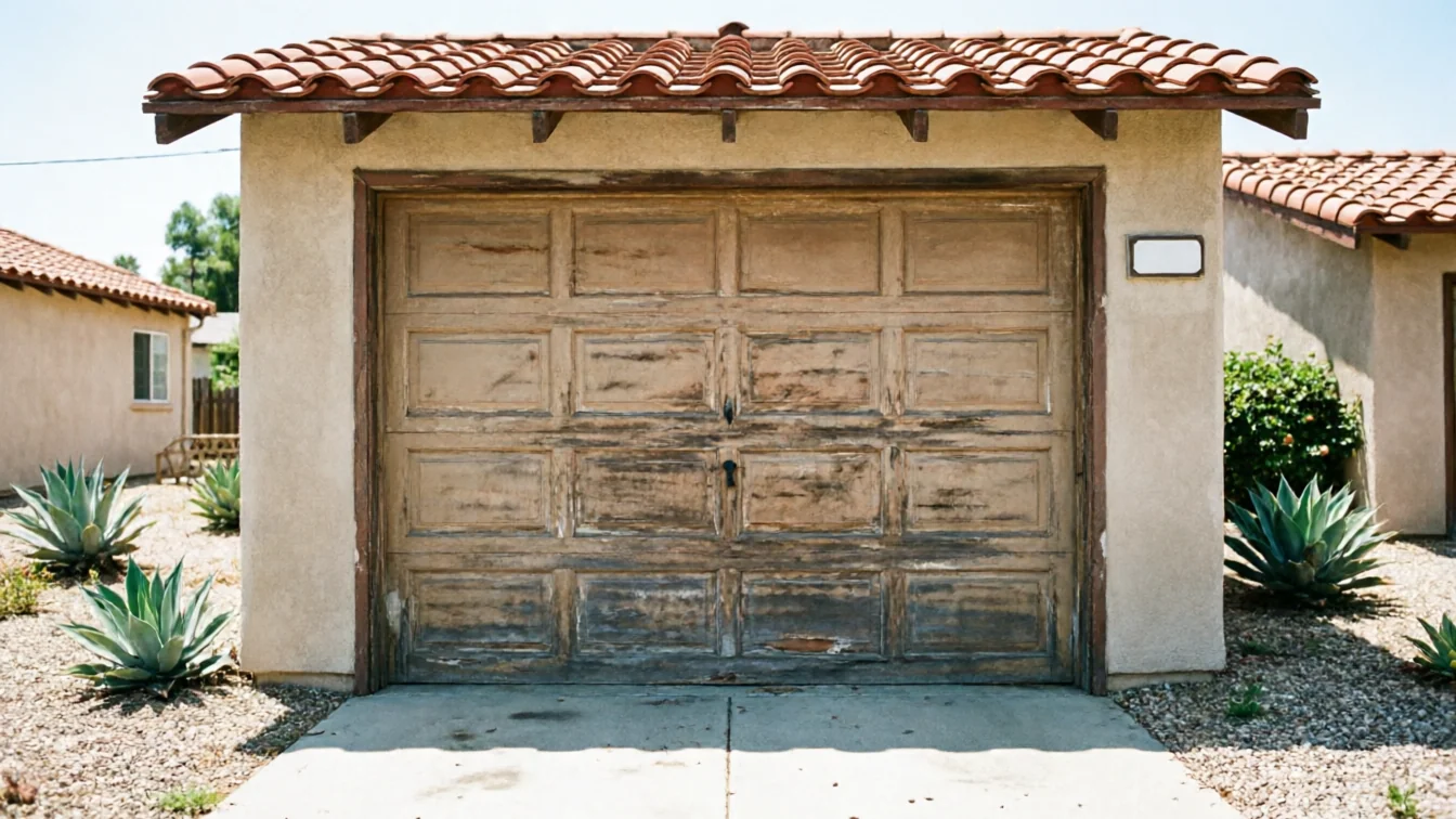 The house has a weathered wooden garage door with a red tile roof.