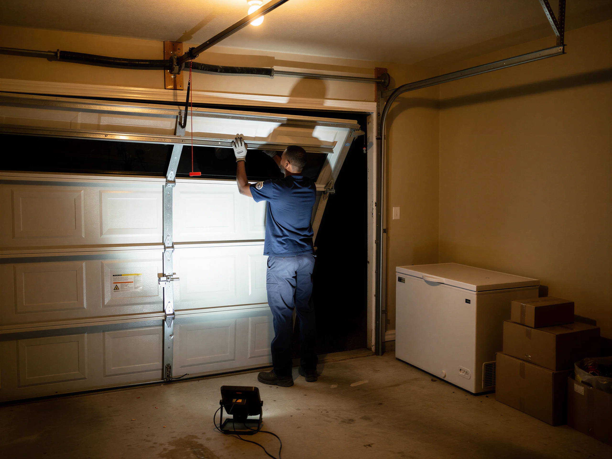 A technician in a blue shirt adjusts a white garage door inside a garage.